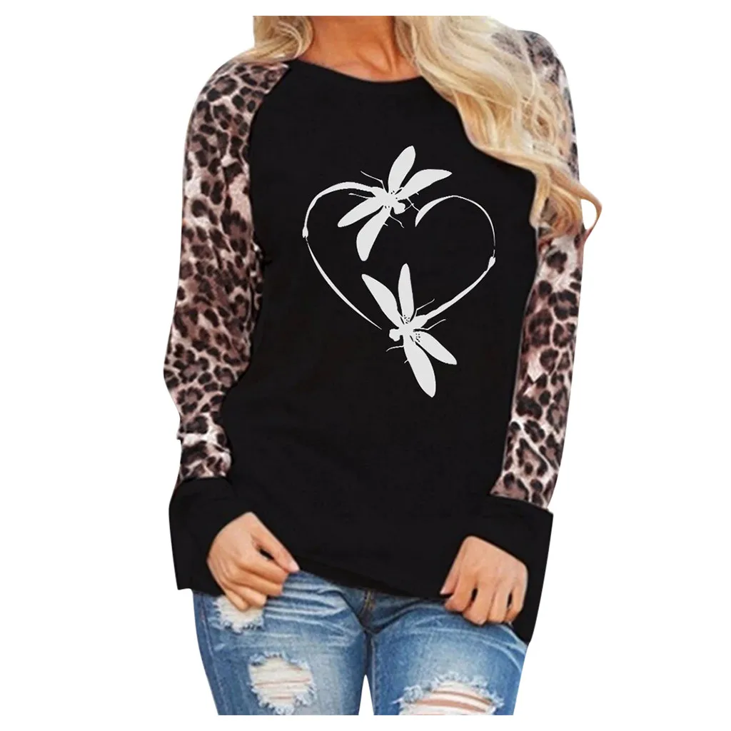Женская леопардовая блузка с принтом стрекозы модная женская футболка длинным
