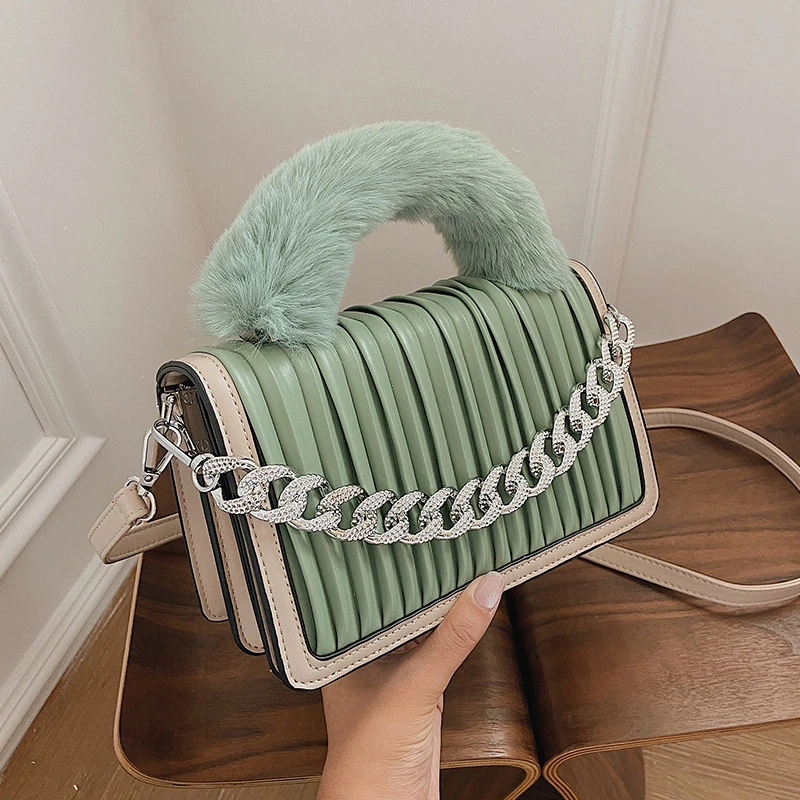 

Thick Chain Handbags for Women 2021 Autumn Brand New Shoulder Bag Faux Fur Handle Luxury Designer Purses Stylish Mini Square Bag