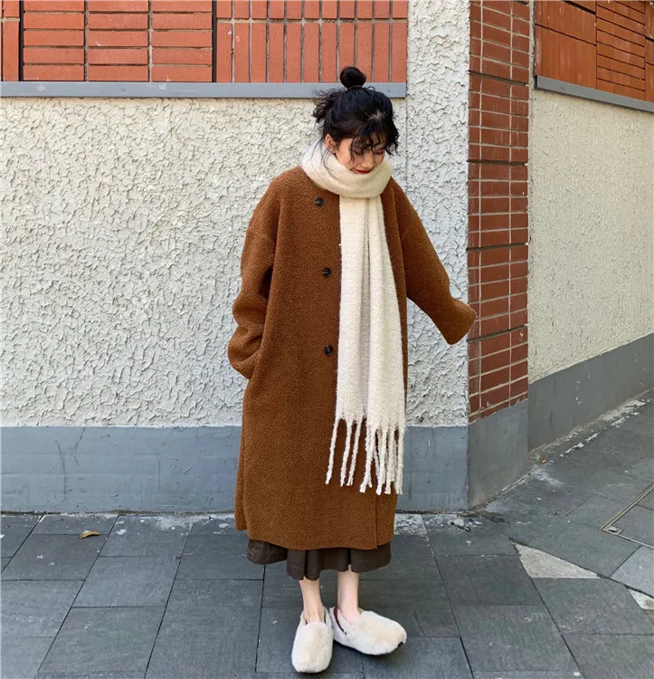 

maxi long teddy coat faux fur double-button loose mid-length lamb wool padded coat