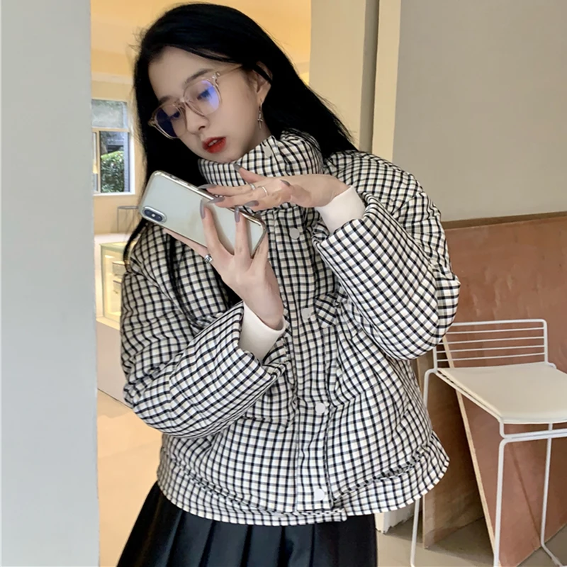 

Lucyever Korean Style Stand Collar Cotton-padded Women 2020 New Thick Warm Parkas Woman All Match Plaid Christmas Bread Clothes