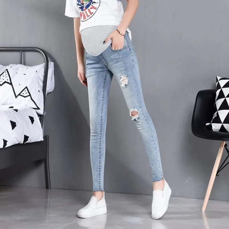 

860# Stretch Denim Maternity Skinny Jeans Spring Summer 9/10 Length Pencil Pants for Pregnant Women Hole Pregnancy Casual Belly