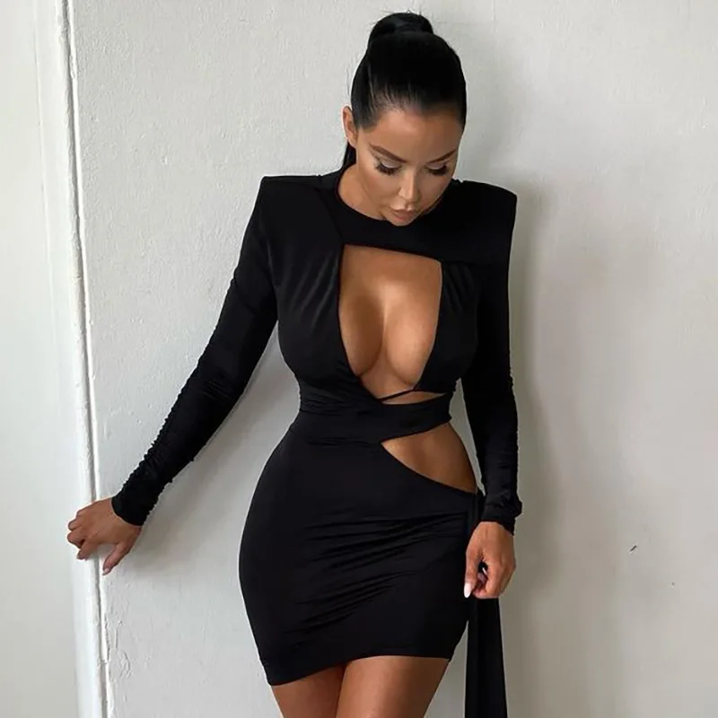 

Autumn Bandage Long Sleeve Elegant Party Elegant Wrap Mini Dresses Women's Black Sexy Hollow Out Bodycon Dress Club Outfits
