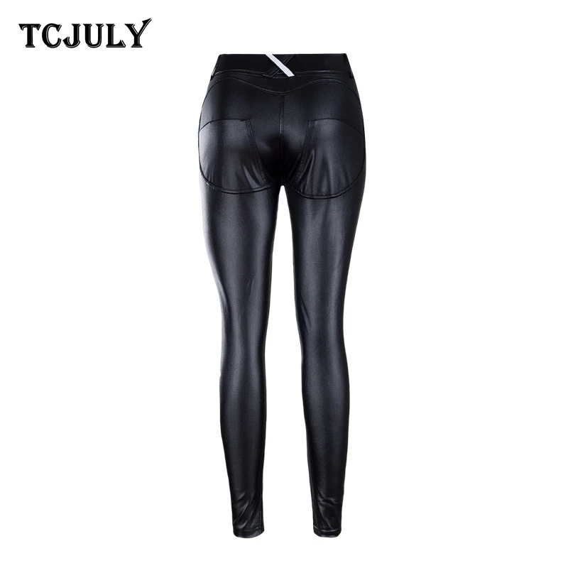 TCJULY Лидер продаж однотонные узкие брюки из искусственной кожи с пуш-ап высокой