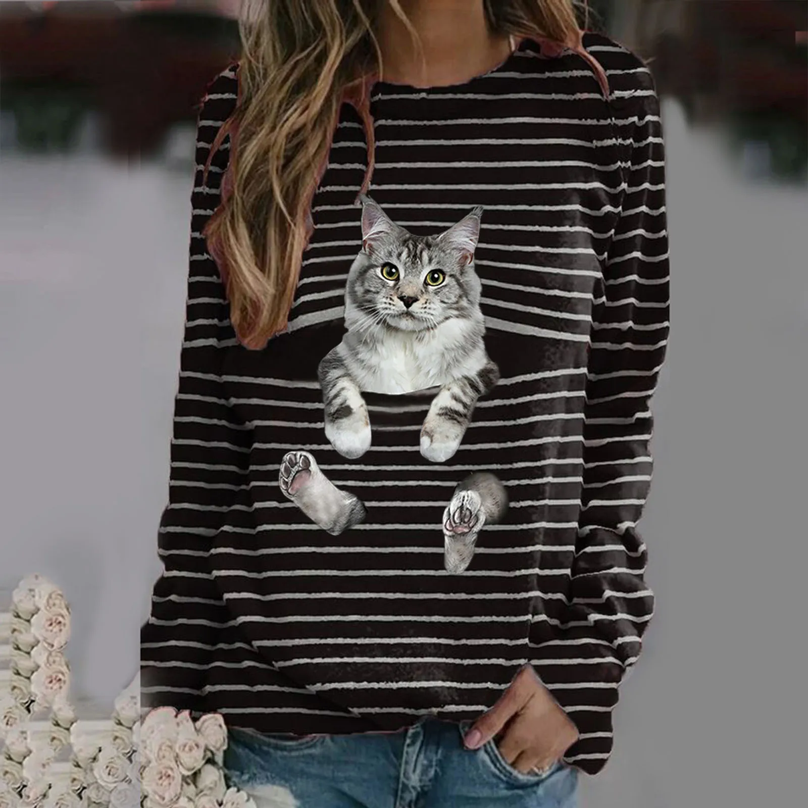 

New Ladies Casual Long-Sleeved Round Neck Cat Print Stitching T-Shirt Top Pullover for Autumn Winter FS99