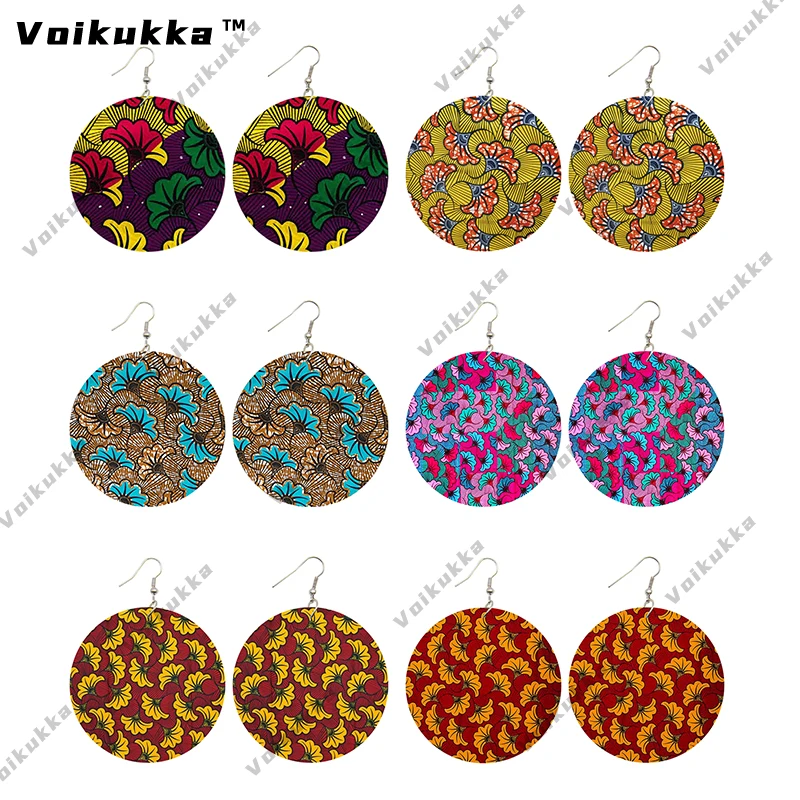 

Voikukka Jewelry Mixed 6 Pairs Sale Circle Pendant Wooden Both Sides Print Fabric Pattern Dangle Earrings For Women Accessories