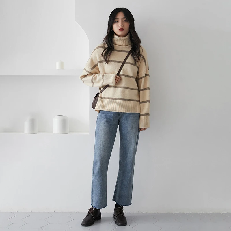 Autumn Winter Women Casual thick Sweater 3 Colour Turtleneck Computer Knitted Striped Pullovers Loose Office Lady Top | Женская одежда