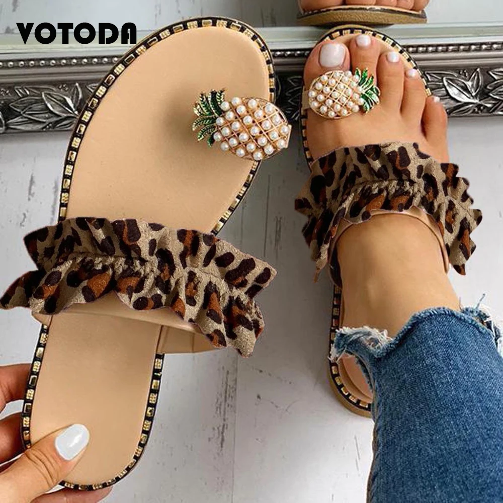 

Summer Women Pineapple Pearl Slippers Bling Rhinestone Bohemian Casual Slides Leopard Flat Beach Sandal Anti-Slip Platform Shoes