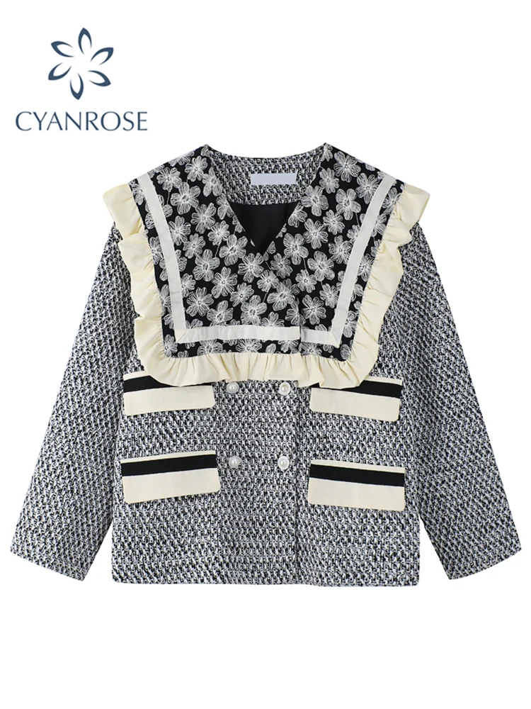 

Women Woolen Overcoat Fashion Sailor Collar Double Breasted Ruffle Edge Patchwork Fall Female Vintage Casual Loose Long Overcoat