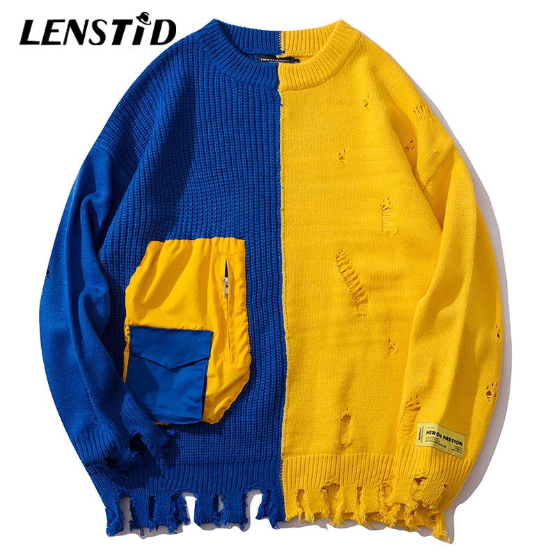 LENSTID осень мужские хип хоп Харадзюку цветной блок пэчворк трикотажные пуловеры с