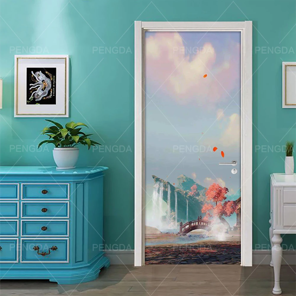 

Самоклеящаяся наклейка из ПВХ, водонепроницаемая искусство, древний пейзаж, дерево, мост, украшение для дома, гостиная, 3D наклейка с принтом,...