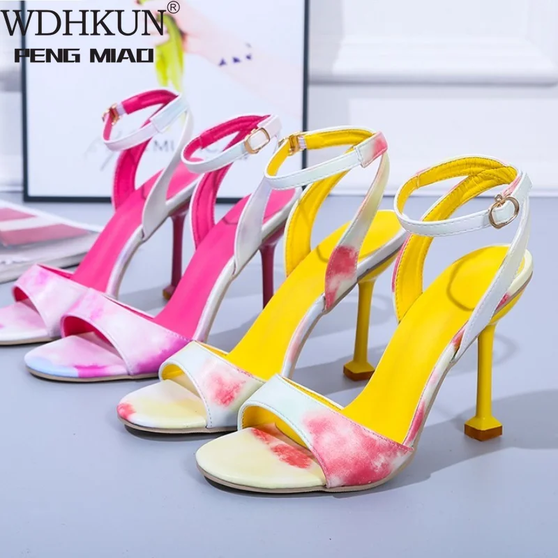 

Женские босоножки с ремешком на щиколотке, красные или желтые сандалии на тонком высоком каблуке, вечерние туфли с открытым носком, 2021