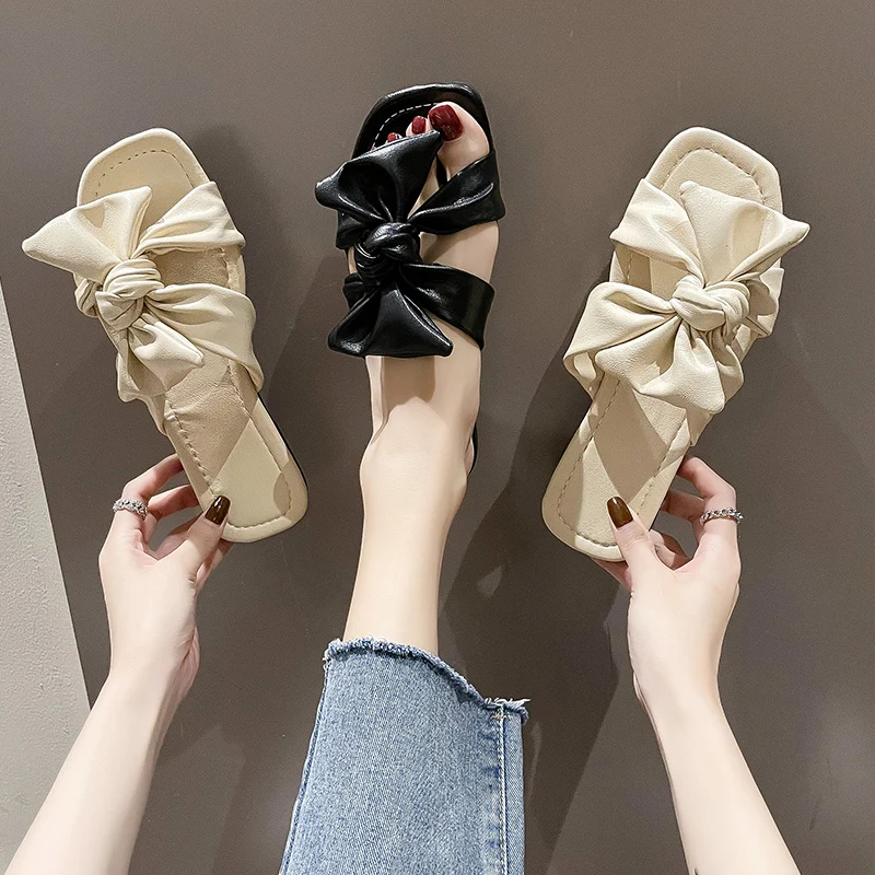 

Shoes Woman 2021 Female Slippers Luxury Slides Lady Butterfly-Knot Low New Soft Designer Girl Flat PU Rubber Butterfly-knot