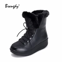 brangdy 2022 retro women snow boots pu leather wedges women shoes waterproof non slip women winter ankle boots keep warm lace up