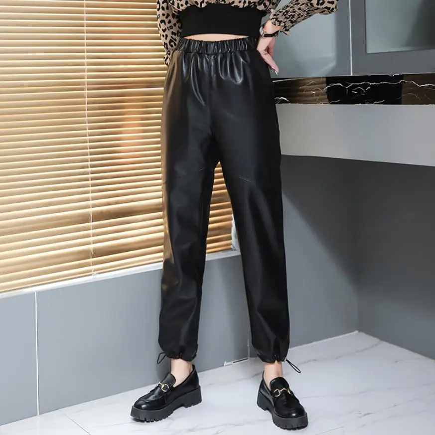 Women's Real Sheep leather pants Elastic Waist Genuine Leather Pants Female Was Thin Pencil Pants Soft Leather Pants F2584