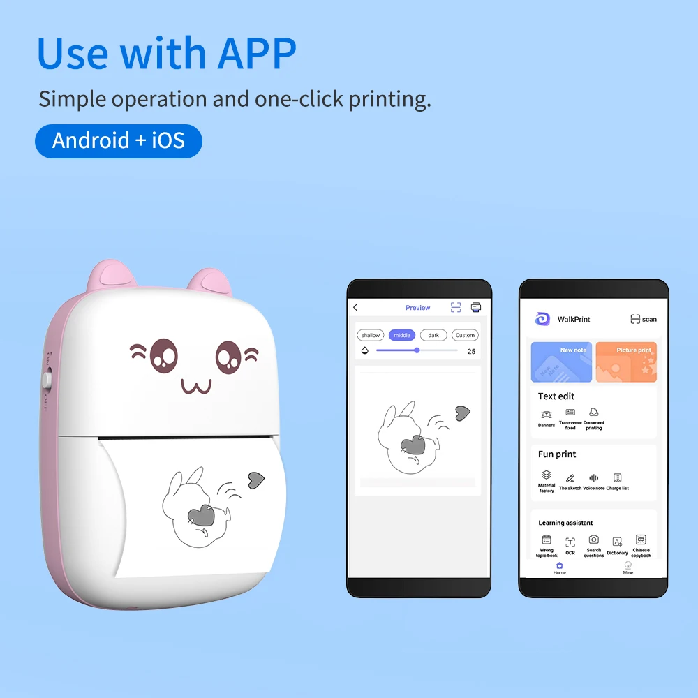 Мини Портативный термопринтер BT беспроводной принтер 200 точек/дюйм с 1 рулонная