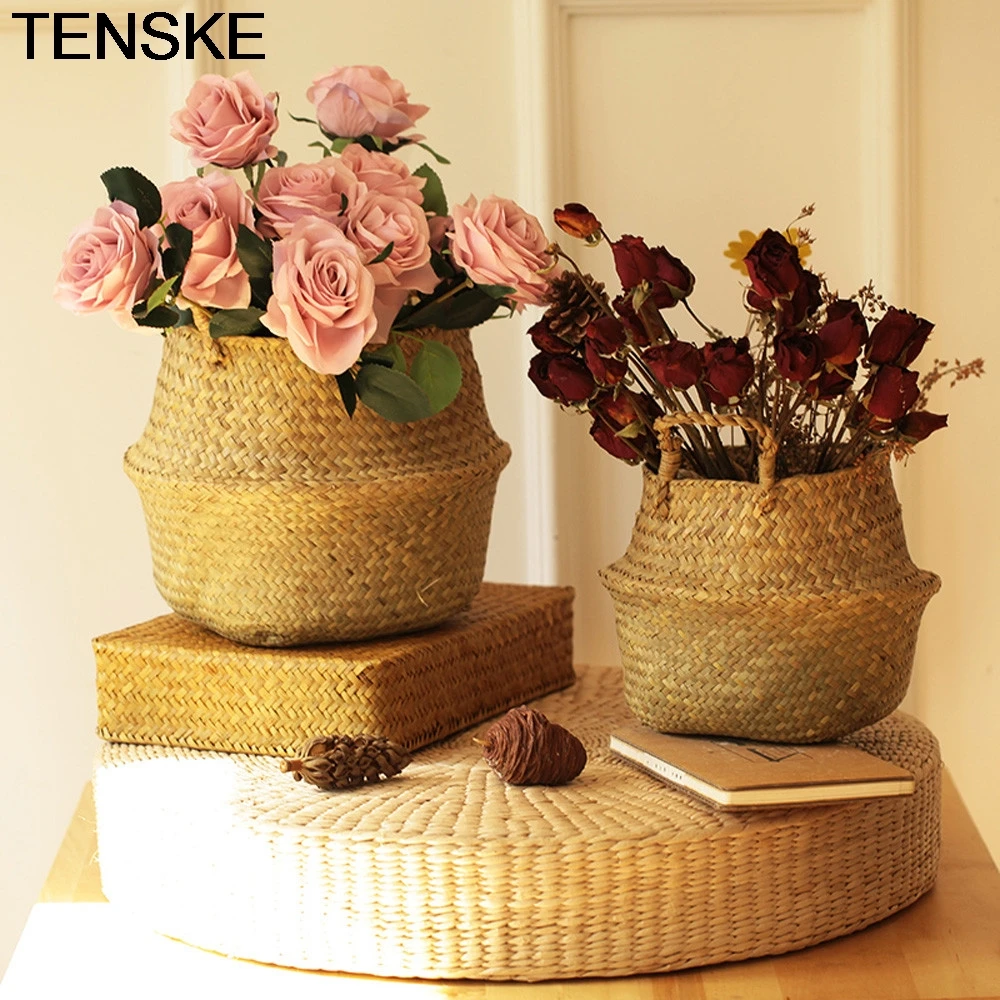 TENSKE бамбуковые корзины для хранения, складные корзины для белья, плетеные корзины из ротанга, цветочный горшок для живота, корзины ручной работы