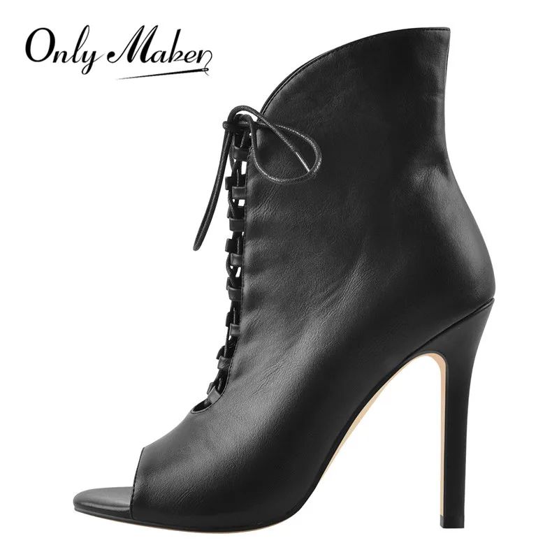 

Onlymaker Women's Peep Toe Black Matte Lace Up Cut Out Open Toe Sexy Stiletto Heel Elegant Classic Big Size Ankle Booties