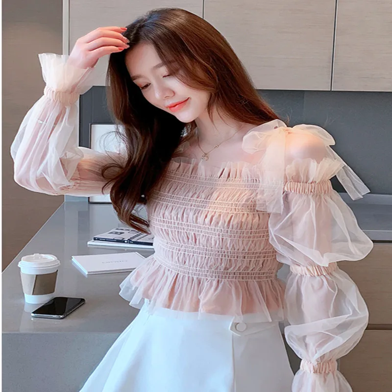 Женские топы и блузки фонарь с длинным эластичным рукавом открытыми плечами