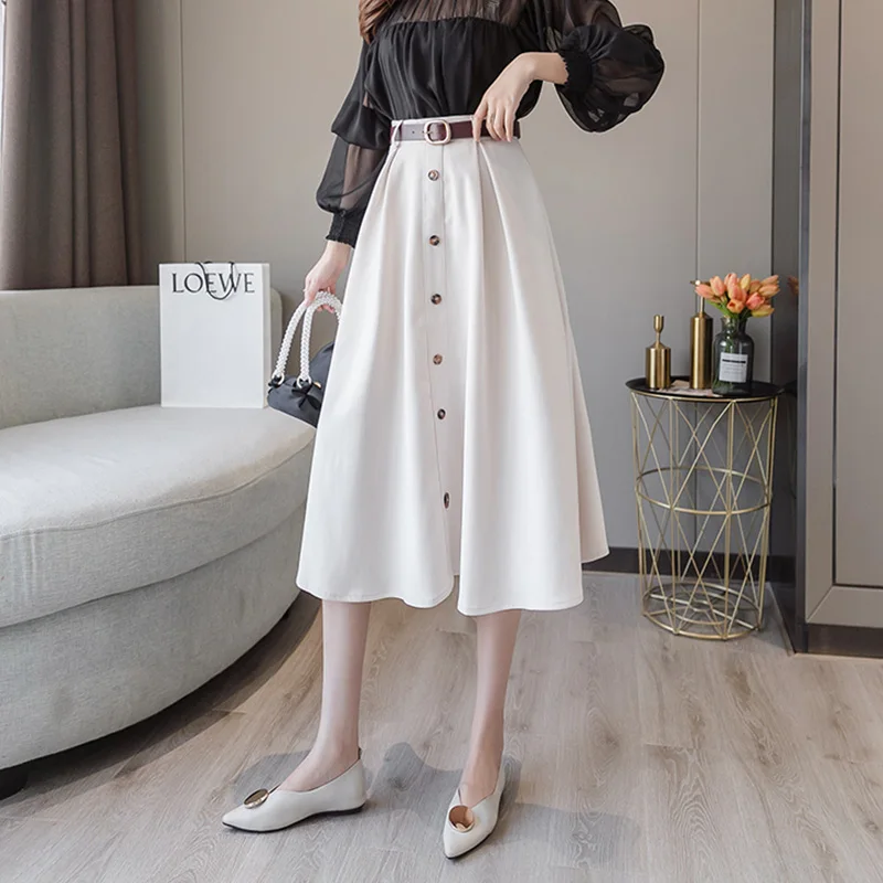 Beige Trytree/, осенне-зимняя женская повседневная юбка в стиле ампир, 5 цветов, трапециевидная модная юбка на элегантных кнопках, пояс до середины икры, Офисная Женская юбка - Цвет: Beige