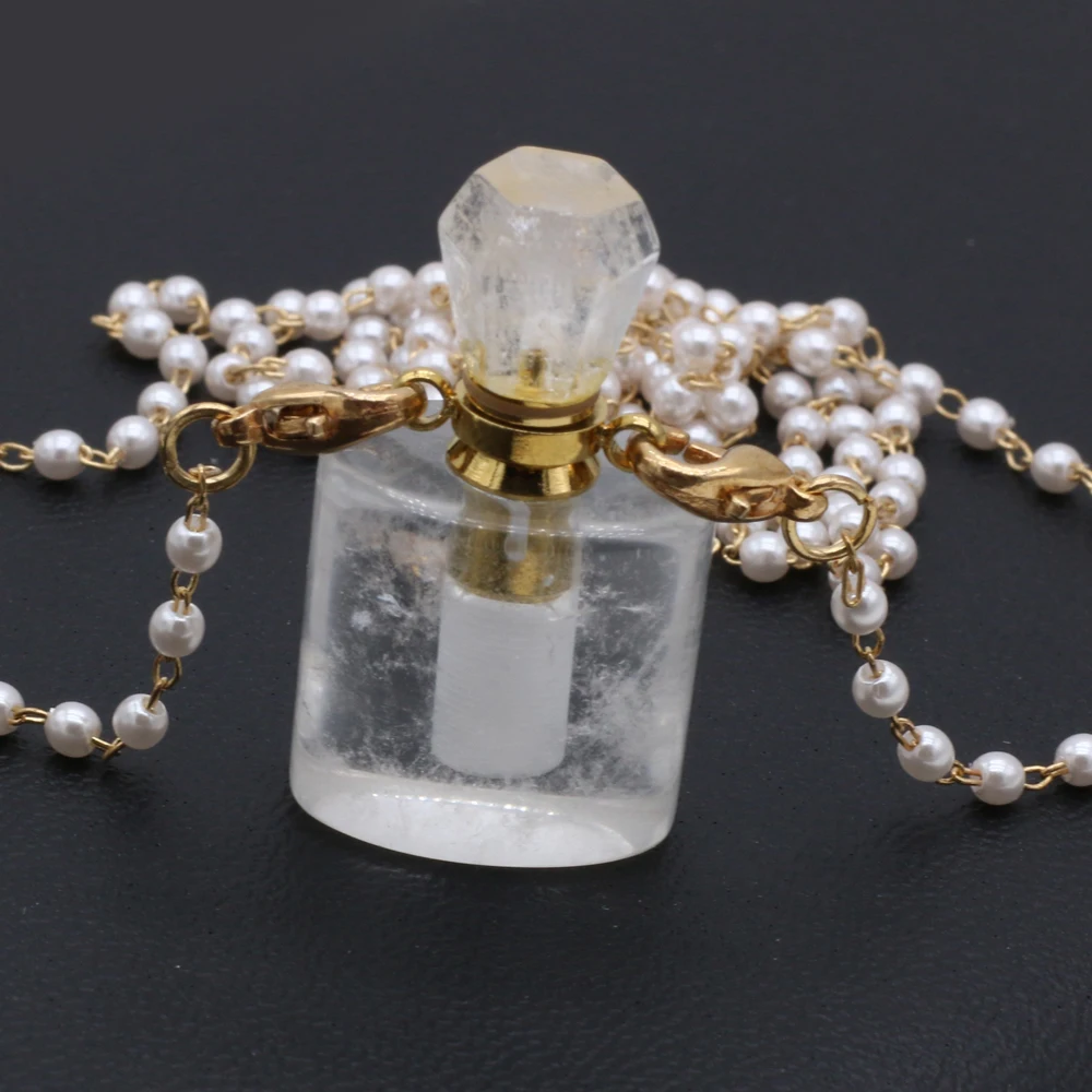 

Natural Stone Perfume Bottle Necklace Semi-Precious Clear Quartz Pendant Charms For Elegant Women Love Romantic Gift 18x37mm