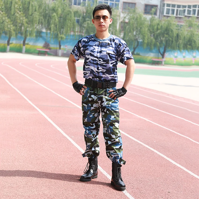 

2PCs Camouflage T-shirt Trousers Clothing Set Tactical Combat Military Uniform Summer Short Sleeve Adult Men Training Army Suit