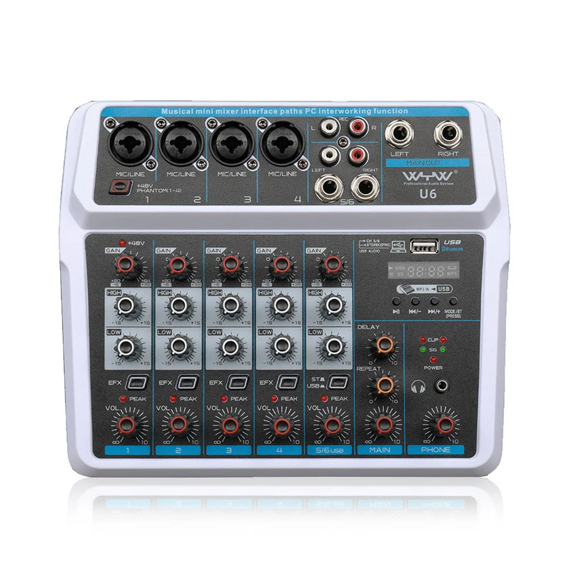 

Professional Six-Channel Bluetooth Wireless Connection DJ Mixer Portable Audio Mixer Live Recording Music Mixer