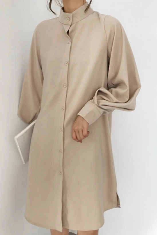 

Vintage Stand Collar Shirt Dress Elegant Lantern Sleeve Loose Single-breasted Women Solid Dresses Ladies Casual Vestidos Mujer