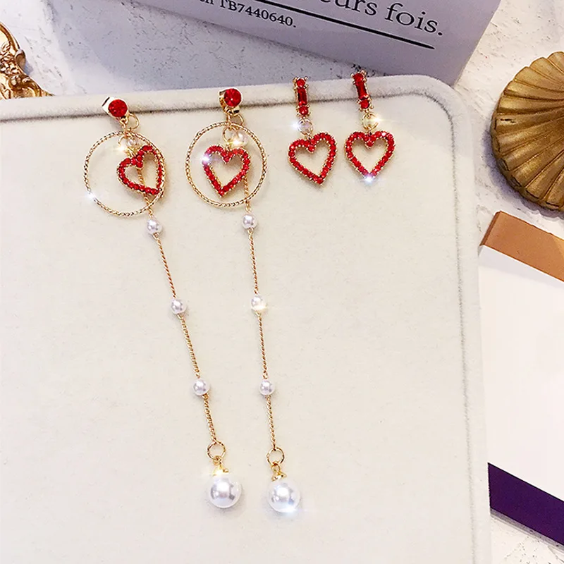 

Korean S925 Silver Needle Fashion Earrings Red Little Love Earrings Long Pearl Tassel Earrings Peach Heart Female Earrings