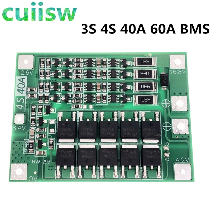 Защитная плата 3S/4S 40A/60A 18650 BMS для зарядки литий ионных батарей двигателя