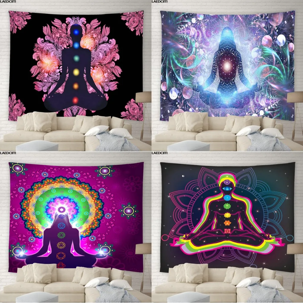 

Indian Buddha Statue Meditation 7 Chakra Tapestry Wall Hanging Mandala Floral Psychedelic Yoga Cloth Living Room Bedroom Decor