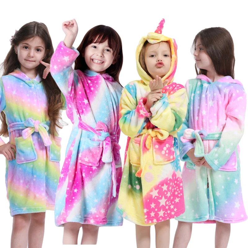 

Baby Girls Unicorn Bathrobe Kids Hooded Towel Winter Thick Children Unicorn Nightgown Kigurumi Animal Sleepwear For Boys Pyjamas