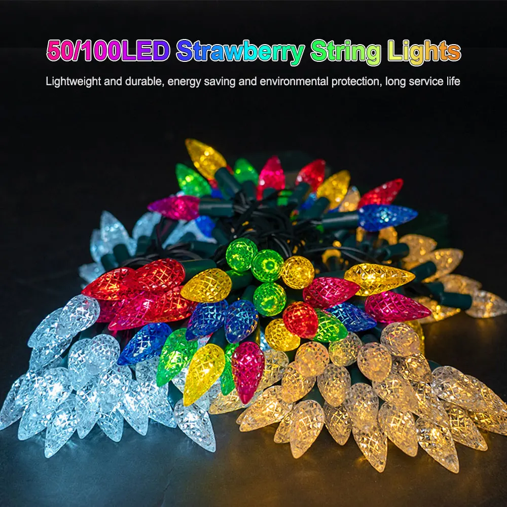 

50/100LED 8 Mode Strawberry String Lights Christmas Party Lighting Outdoor Waterproof Fairy String Lights Christmas Tree Decor