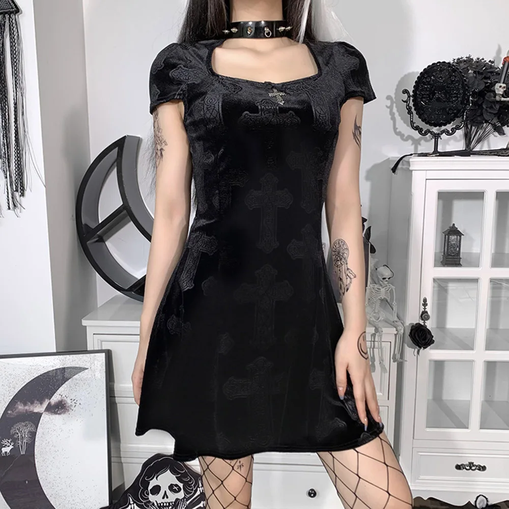 

Fashion High Street Women Dress Solid Color Square Collar Velvet Embossed Cross Autumn New 2021 Summer Simplicity Casual