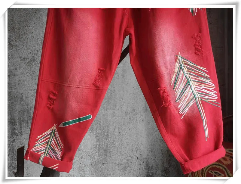 

LYUZHE Vintage Embroidery Tree Pattern Women Pants 2021 Autumn Hole Female Harem Pants Elastic Waist Women Trousers QDY221