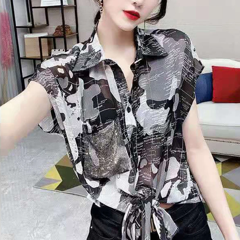 

Black Casual Loose Print Bow Bandage Chiffon Women Blouse Shirt Korean Harajuku Oversized Blusas Top Summer Femme 2021 JK1192