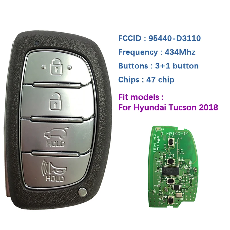

Оригинальный/послепродажный 4-кнопочный транспондер CN020135 для Hyundai Tucson 2018 подлинный умный дистанционный ключ 433 МГц HITAG 3 95440-D3110