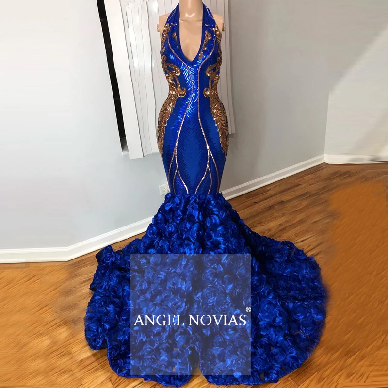 Длинные платья для выпускного вечера с лямкой на шее и русалочкой ярко-голубого