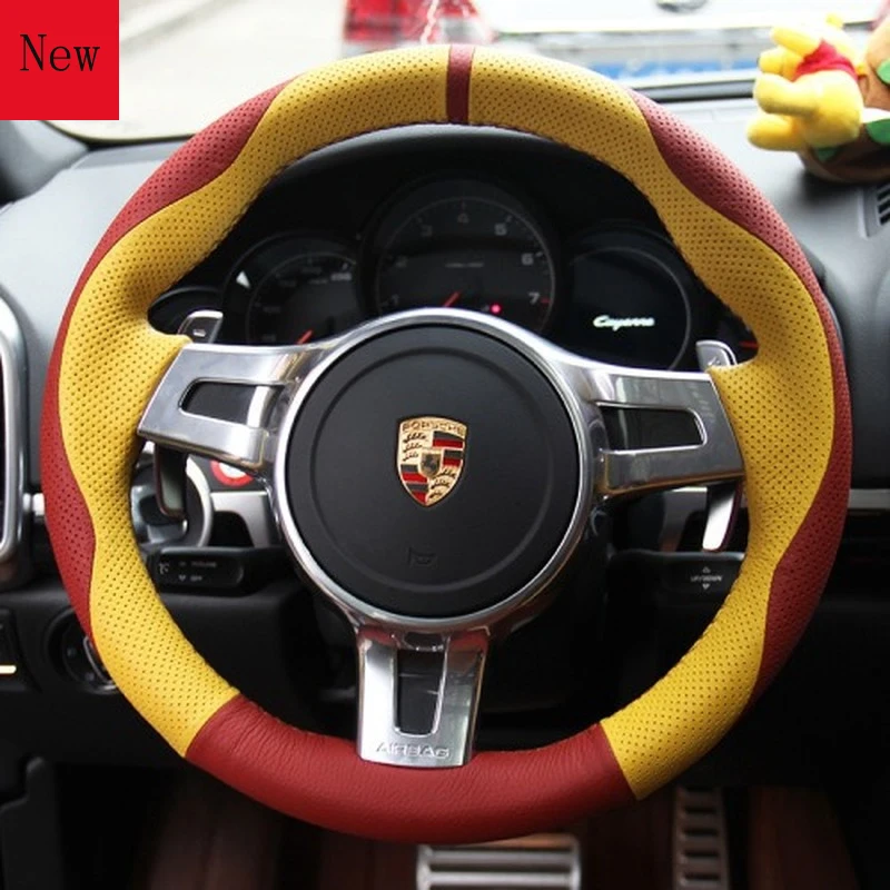 

Customized Hand-Stitched Leather Car Steering Wheel Cover for Porsche Cayenne Macan Panamera 718 Car Accessories