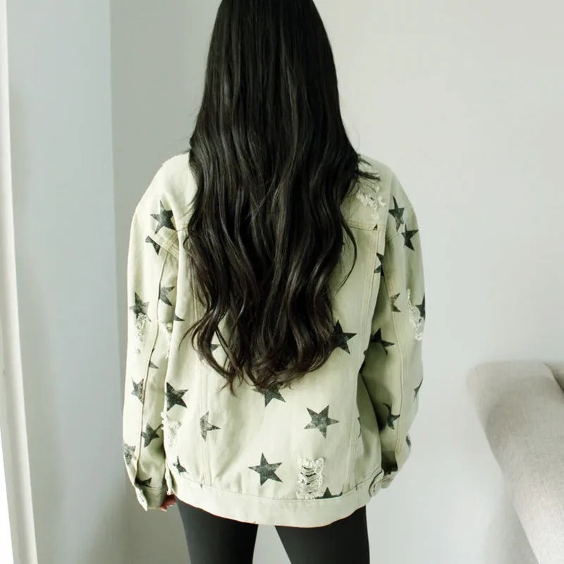 

Fall 2021 Blue Green Star Printed Denim Jacket Women Long Sleeve Double Pocket Button Up Do Old Coats Hollow Out Denim Jackets