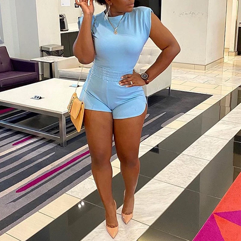 

Solid Summer Two Piece Set O-neck Sleeveless Top & Casual Shorts Matching Set