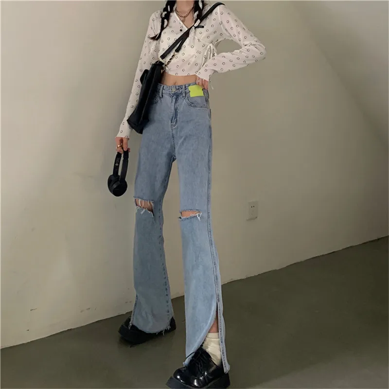 

Women Vintage Pantalon 2021 Split Jeans Fashion Y2K Loose Hole Denim Wide Leg Pants Female Sweetpants Blue Trousers P050