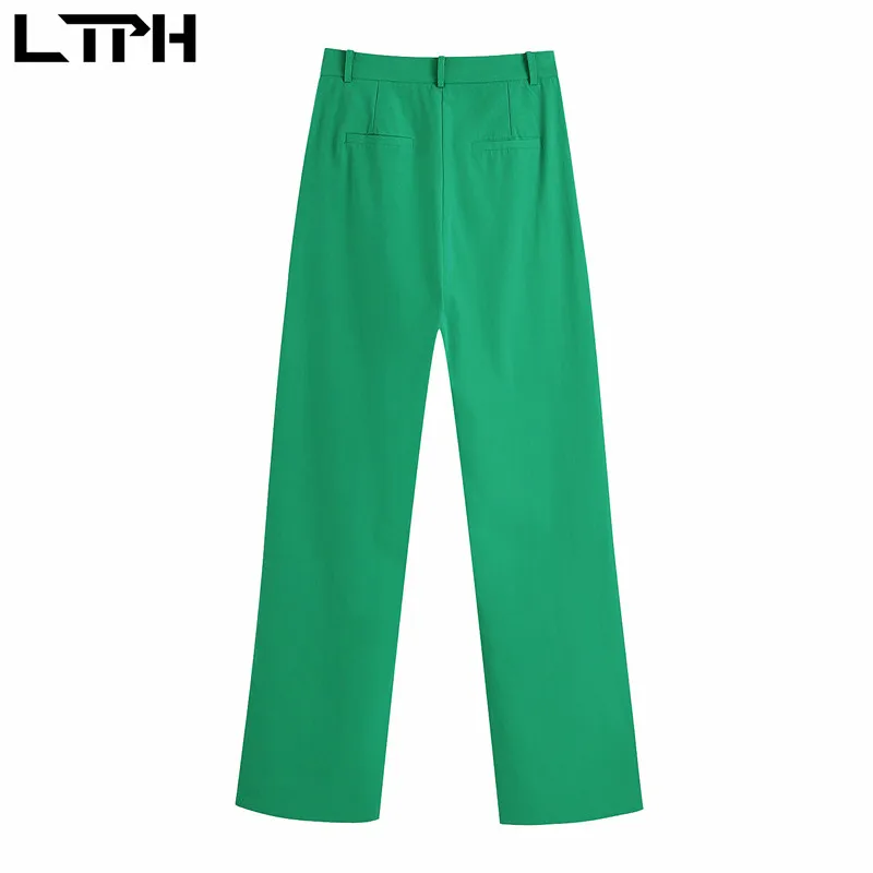 

LTPH Business casual pant suits green double breasted Long sleeve blazer korean slim high waist trousers 2021 autumn new
