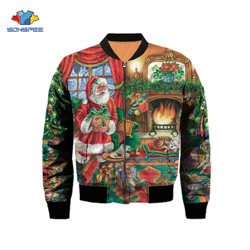 

Новая куртка SONSPEE с Санта Клаусом и рождественской елкой, крутая одежда с принтом масляного пейзажа, модное зимнее мультяшное пальто большо...