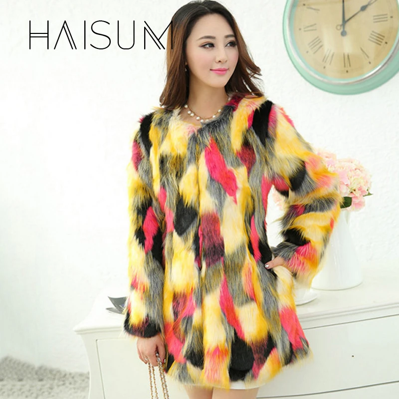 Женское пальто из искусственного меха зимнее теплое смешанных цветов лисьего с