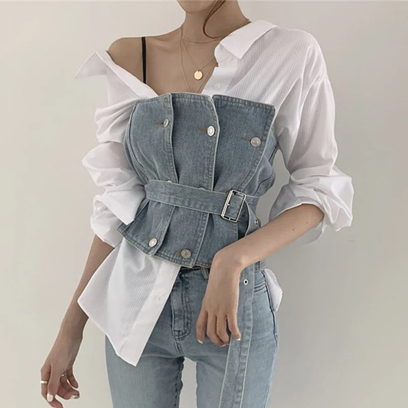 

2021 New Spring Autumn Korean Sexy Personality Lapel Stripe Shirts Tops Denim Tube Match Belt Women 2 Piece Outfits Women
