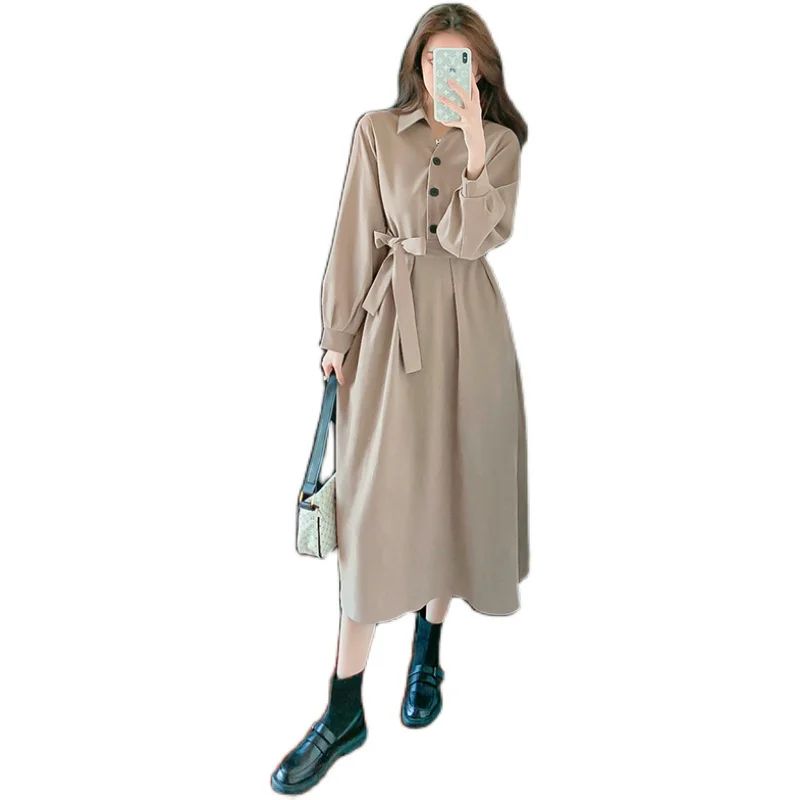 

High Quality Black Khaki Long Dress Shirt Spring Robe 2021 Spring Trench for Girls One Piece Women Long Sleeve Elegant Clothing