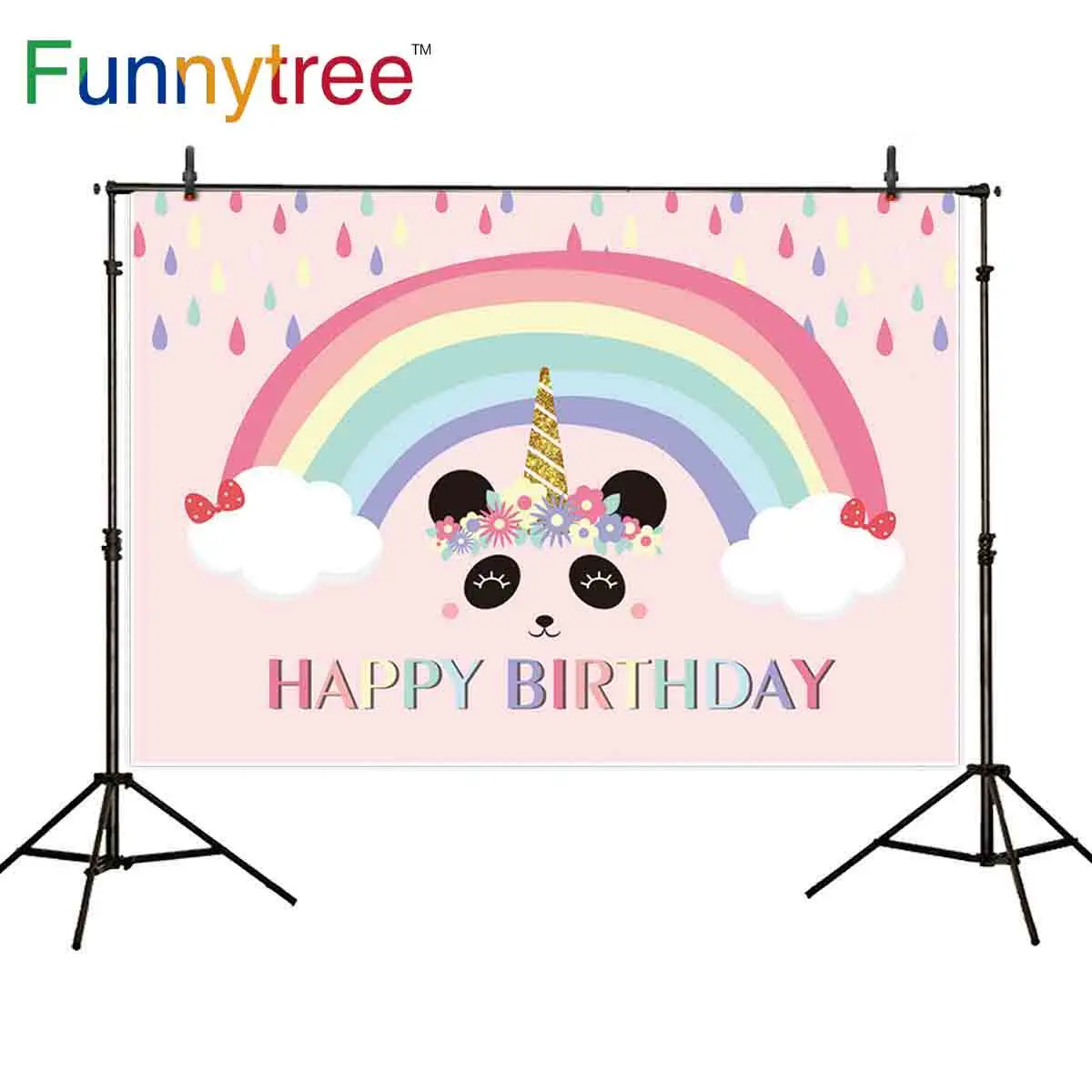 

Funnytree photography studio happy Birthday rainbow panda cloud flower Bow background decoration party photocall photophone