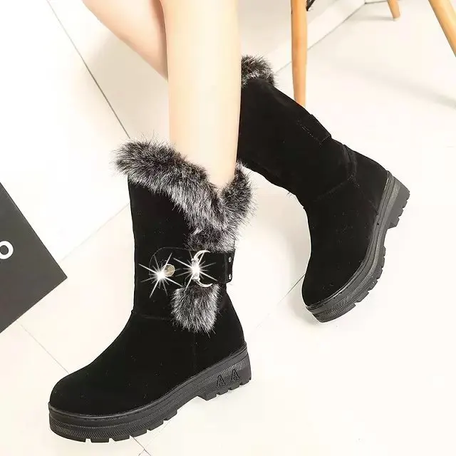 

Pop Pop Women Boots Autumn Winter Flock Ladies Fashion Zipper Snow Boots Shoes Thigh High Suede Sweet Slip-On Mid-Calf Boots8996