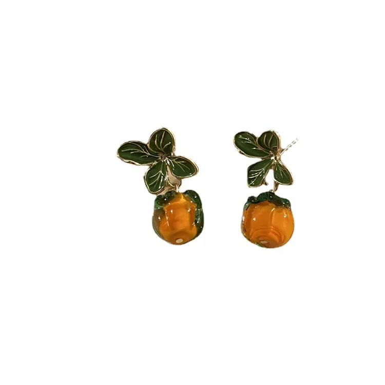 

Korean Retro Persimmon Earrings Necklace Female Super Fairy Creative Pendant Necklaces Clavicle Chain Party Wedding Jewelry