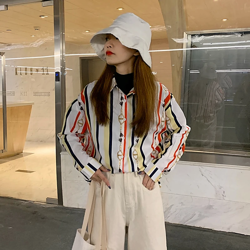 

streetwear style spring autumn blusas mujer de moda turn-down collar print Women's Clothing Shirts korean fashion clothing